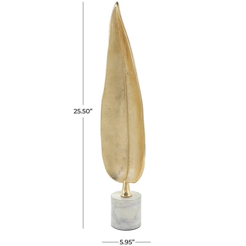 CosmoLiving by Cosmopolitan Gold Aluminum Metal Textured Leaf Decorative Sculpture with White Marble Base