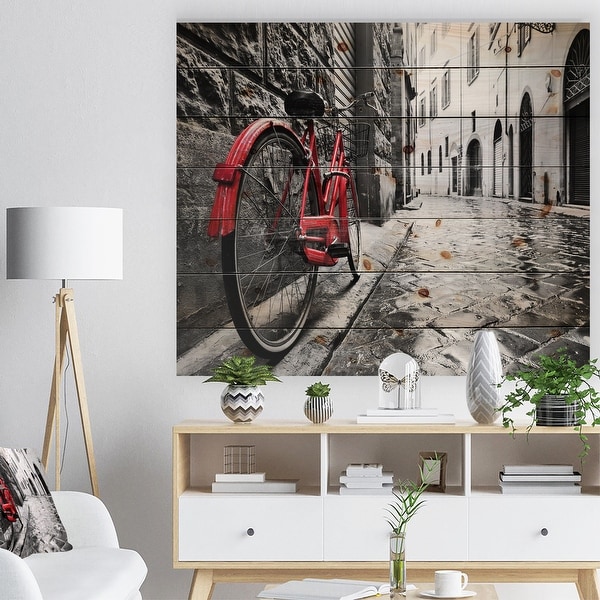 Designart 'Retro Vintage Red Bike' Cityscape Photo Print on Natural Pine Wood - Black. Opens flyout.