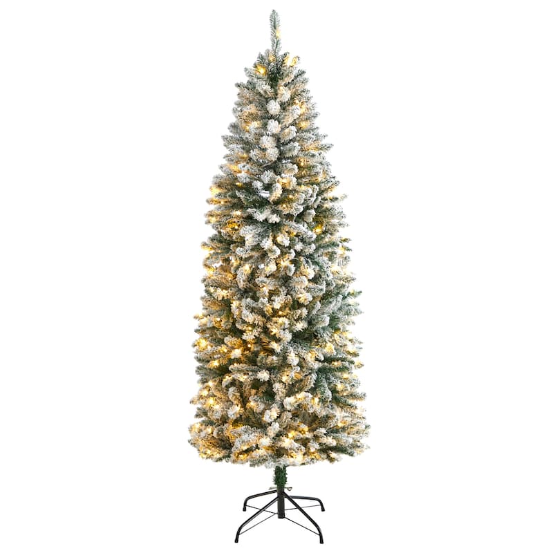 6' Pre-Lit Flocked Slim Montreal Artificial Christmas Tree, Warm Clear LED Lights - 6 Foot