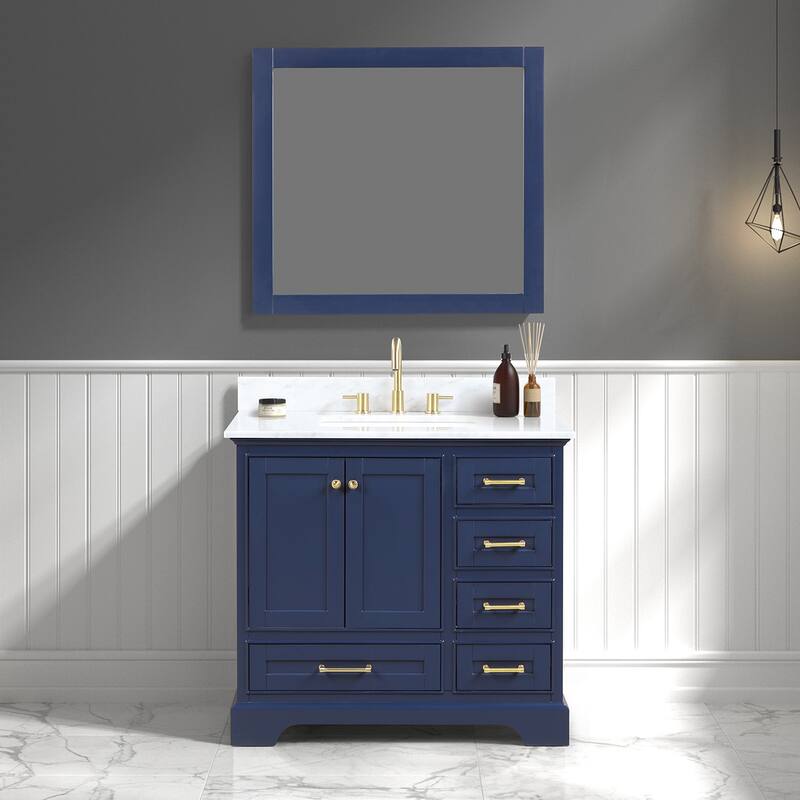 Blossom Copenhagen 36" Bathroom Vanity with Marble Top, Sink & Mirror - NavyBlue