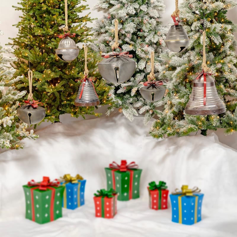 Set of 7 Large Galvanized Jingle Bells with Ribbon and Rope - 10x10x10.5 - Silver - Metal