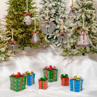 Set of 7 Large Galvanized Jingle Bells with Ribbon and Rope - 10x10x10.5
