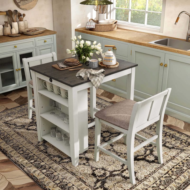 Furniture of America Vesper 3-Piece Counter Height Dining Set with Shelving - White