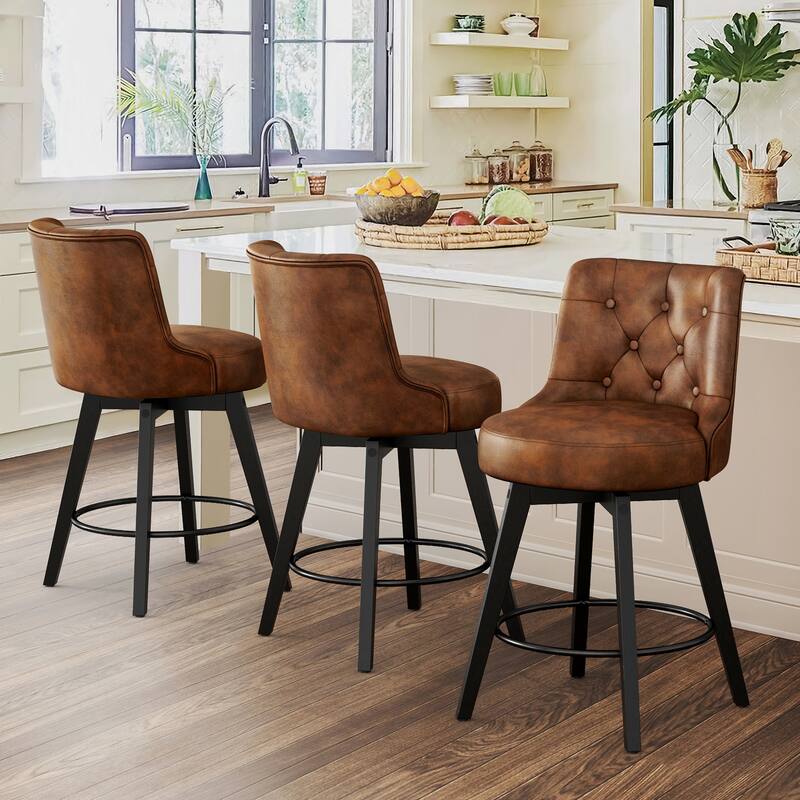 LUE BONA 26" Counter Height Swivel Bar Stools with Solid Wood Frame Set of 3 - 26" H