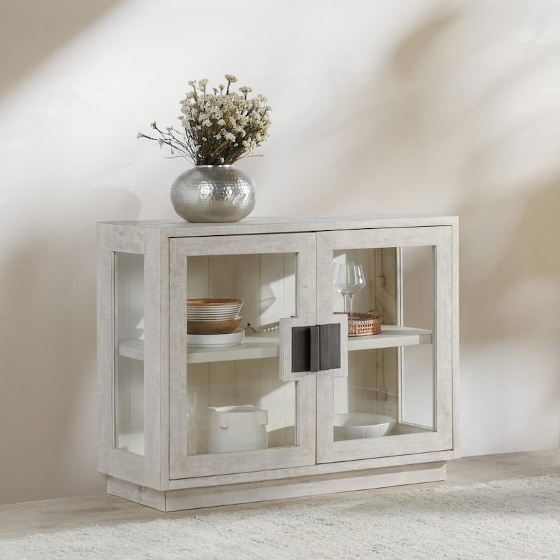 Classic Home Larson Two-Door Glass and Oak Wood Cabinet - White