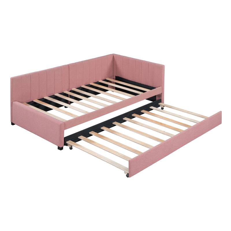 Twin Daybed Frame Linen Upholstered Sofa Bed L Shaped Backrest Mattress Holde Slat Support with Twin Size Trundle