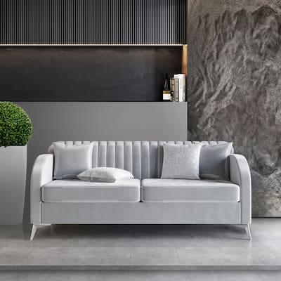CraftPorch Vertical Channel Tufted Velvet Upholstered Sofa in Silver Grey
