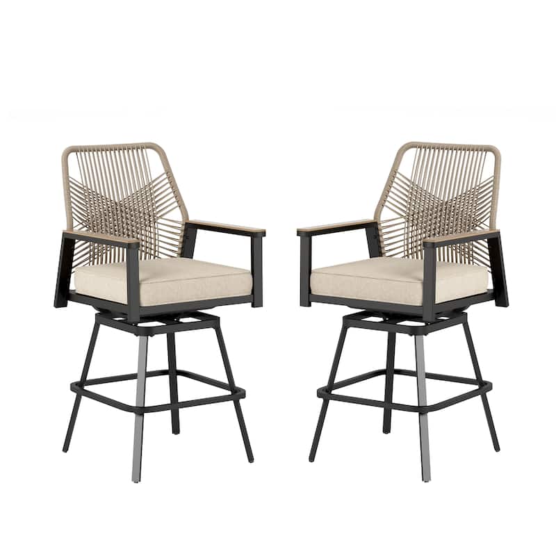MAISON ARTS Modern Twill Wicker Woven Outdoor Bar Stool Chair Set, Counter Height Stool with Back and Cushion - 2-Piece Swivel