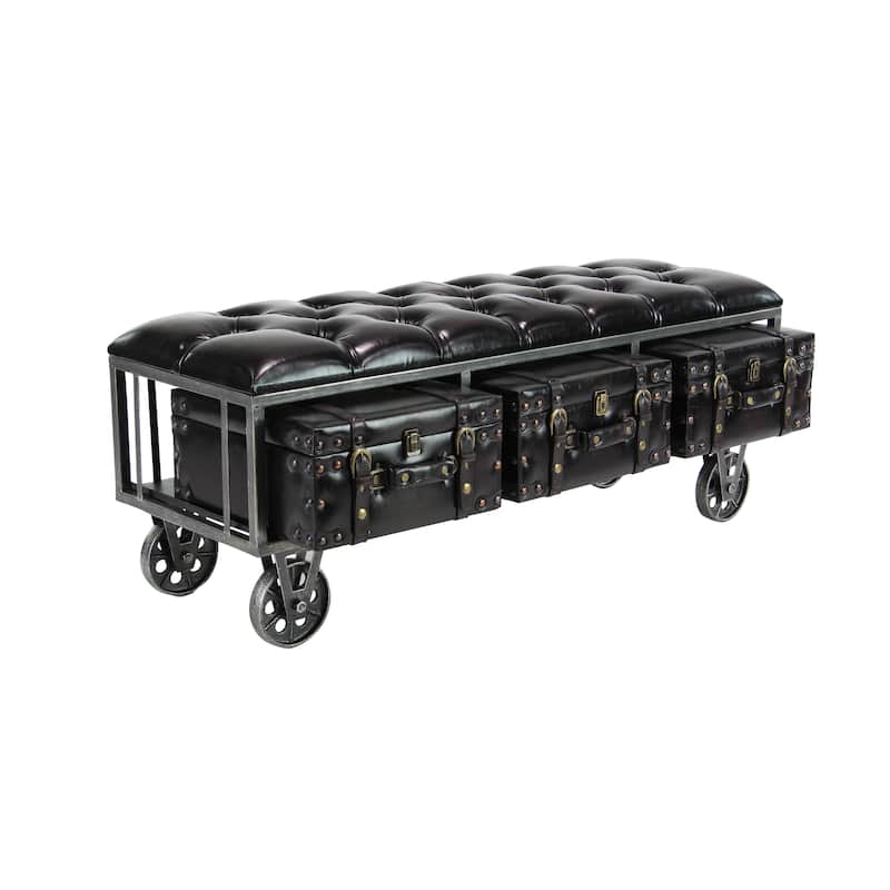 Faux Leather Tufted Upholstered 3 Trunk Room Storage Bench with Industrial Wheels and Gold Accents - Black - Roche River Decor