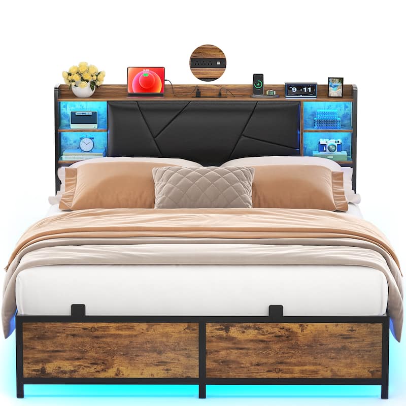 Bed Frame with Storage Upholstered Headboard and Charging Station and RGB LED Lights