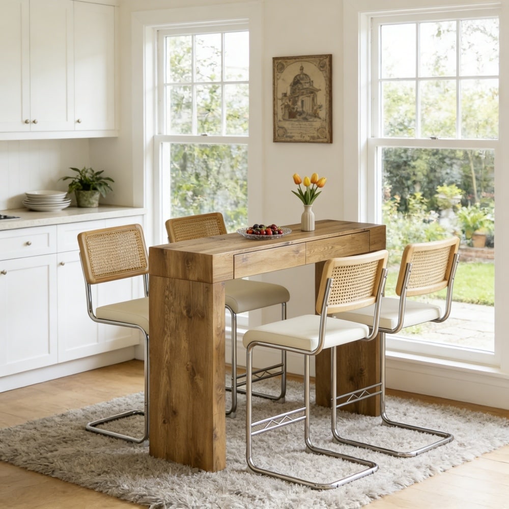 Four-Piece PU Leather Bar Chair Set With Wood Grain Bar Table, Storage Function For Restaurants And Cafes