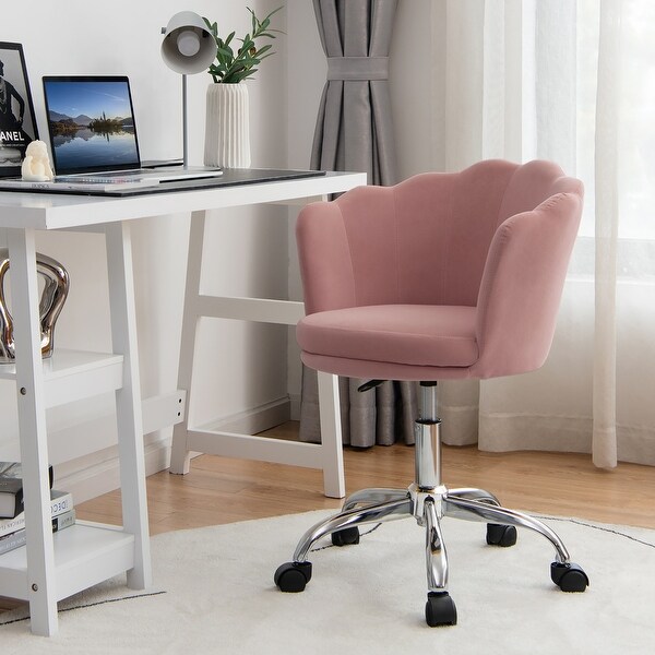 Adjustable Vanity Velvet Chair with Seashell Back and Wheels Pink Costway