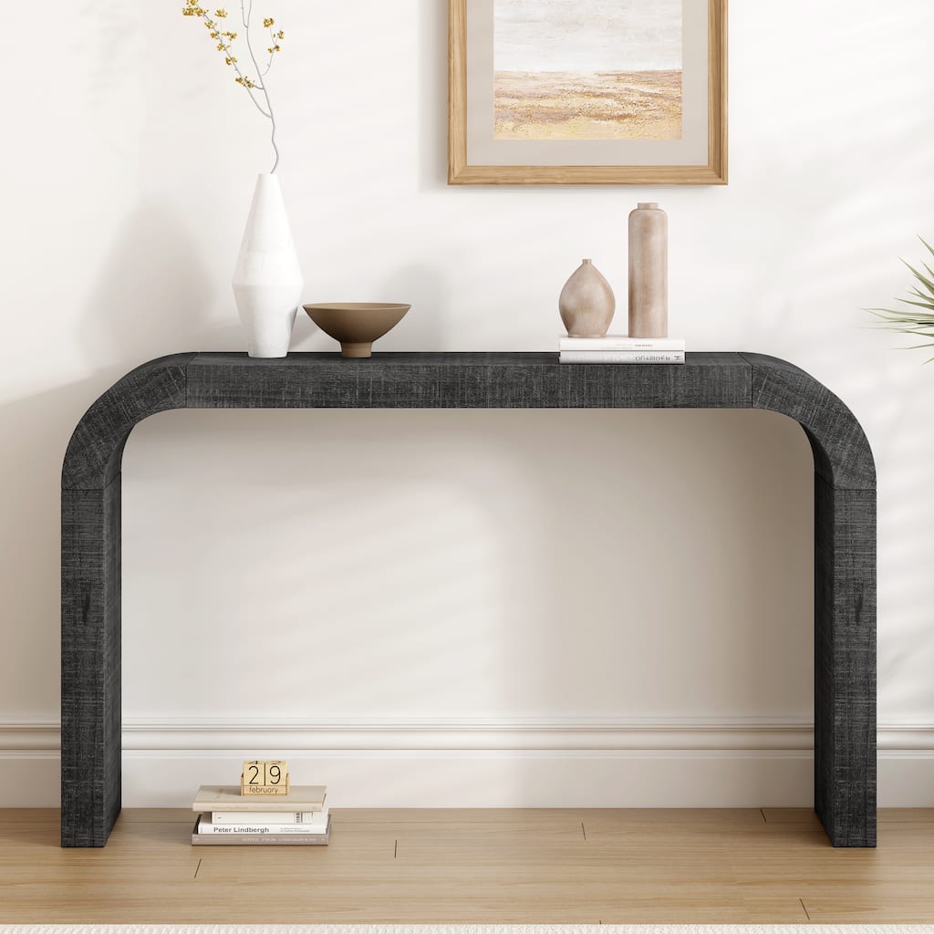 Roomfitters 52" Wood Console Table with Curved Edge, Natural Texture, Modern Entryway and Living Room Accent, Black
