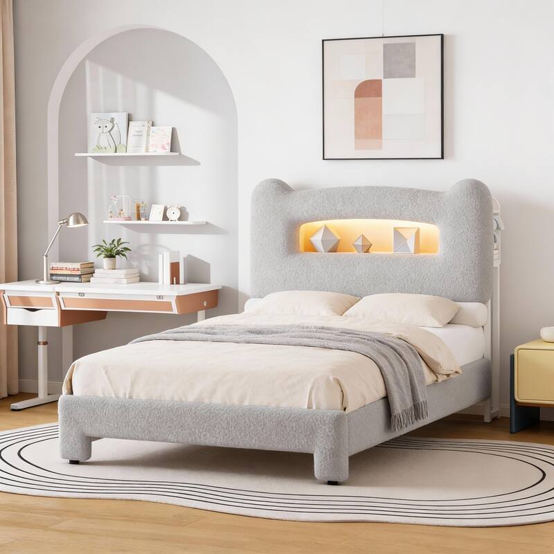 Led Bed Frames, with Storage Headboard and Charging Station - Grey - Twin