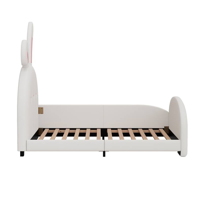 White PU Upholstered Rabbit-Shape Princess Bed with Unilateral Safety ...
