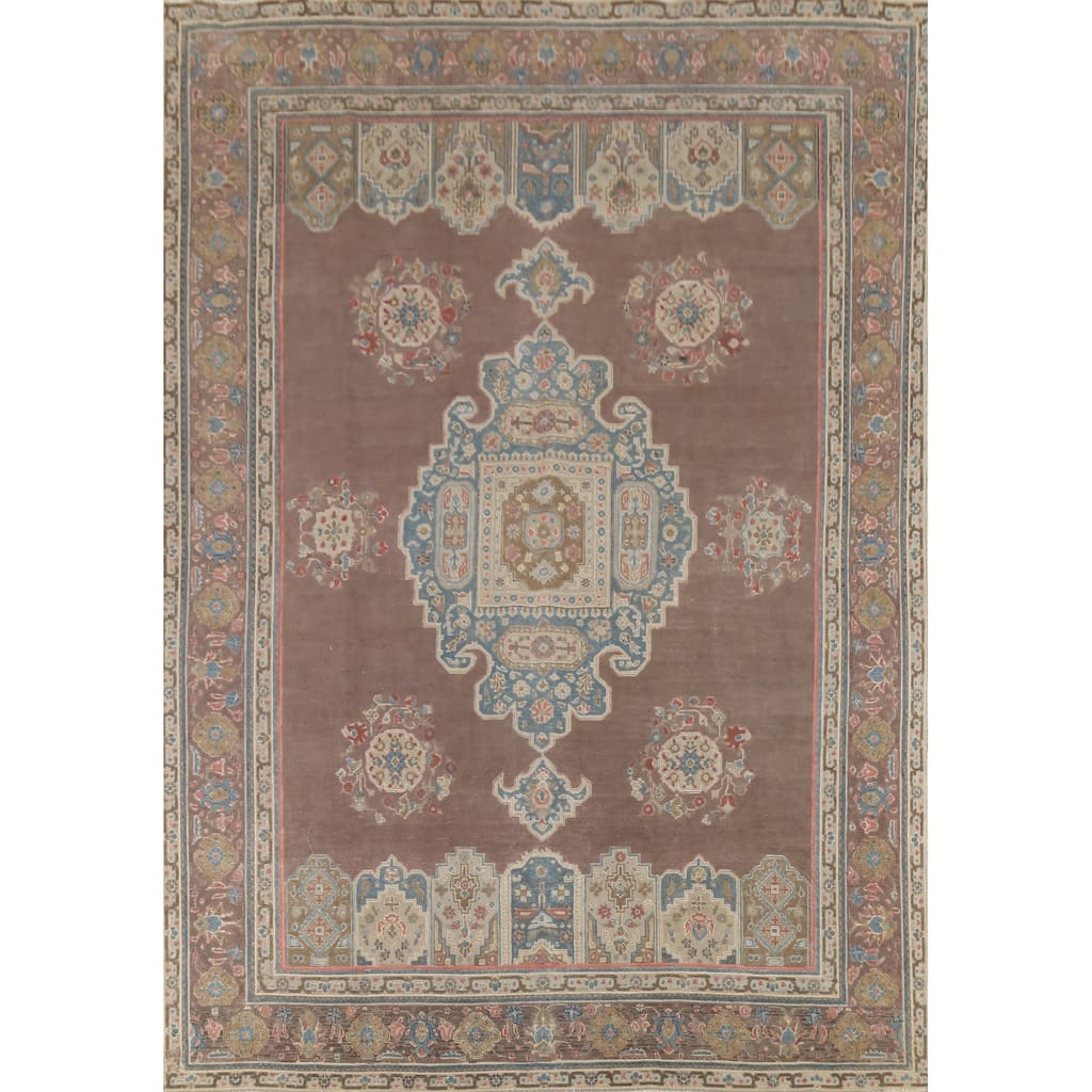 Brown Geometric Tabriz Persian Vintage Area Rug Handmade Wool Carpet - 9'5"x 12'5"