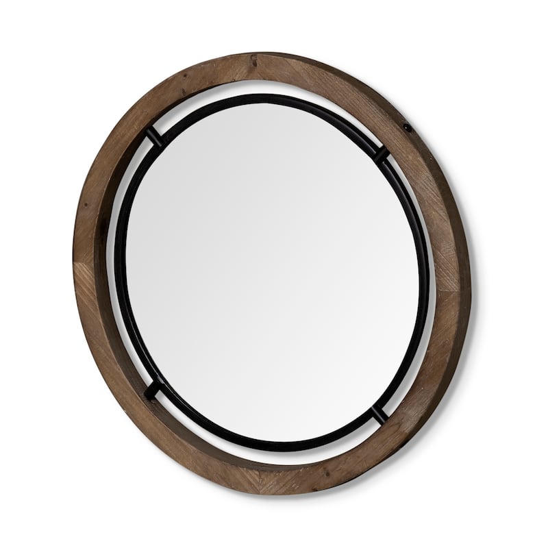 Josi Brown Solid Wood With Black Metal Frame Round Mirror - 28" x 28"