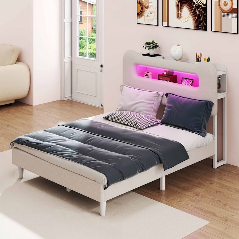 Storage Upholstered Platform Bed with LED Lighting Included - Beige - Full