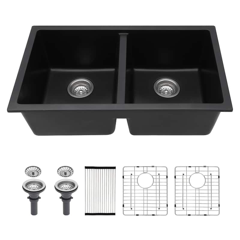 33" Undermount Double Bowl Quartz Kitchen Sink in Black - 33'' x 19'' x 10.33''