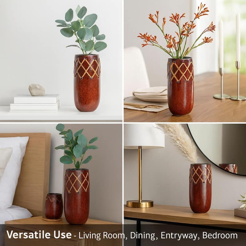 Aria Home Oblong Red Ceramic Vase With Leather Stitch Santa Fe Art