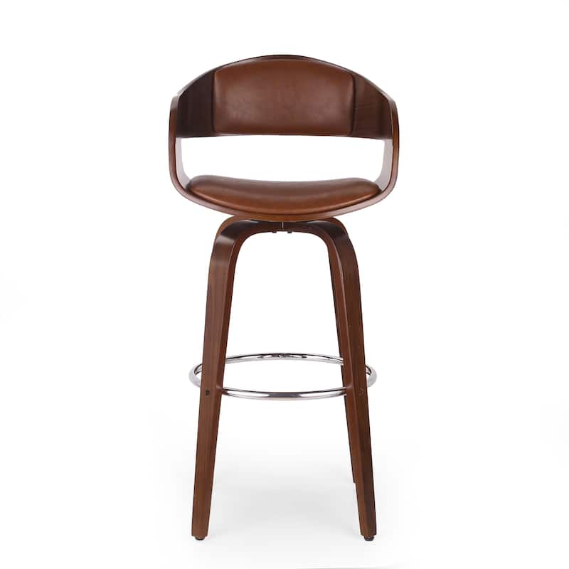 Roomfitters Mid-Century Modern Bentwood Bar Stool with Swivel Faux Leather Seat and Chrome Footrest, Brown
