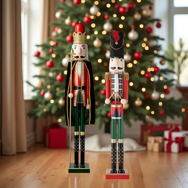 Glitzhome 42"H Large Size Christmas Wooden King & Soldier Nutcracker Set Xmas Figurine Decor for Indoor Outdoor