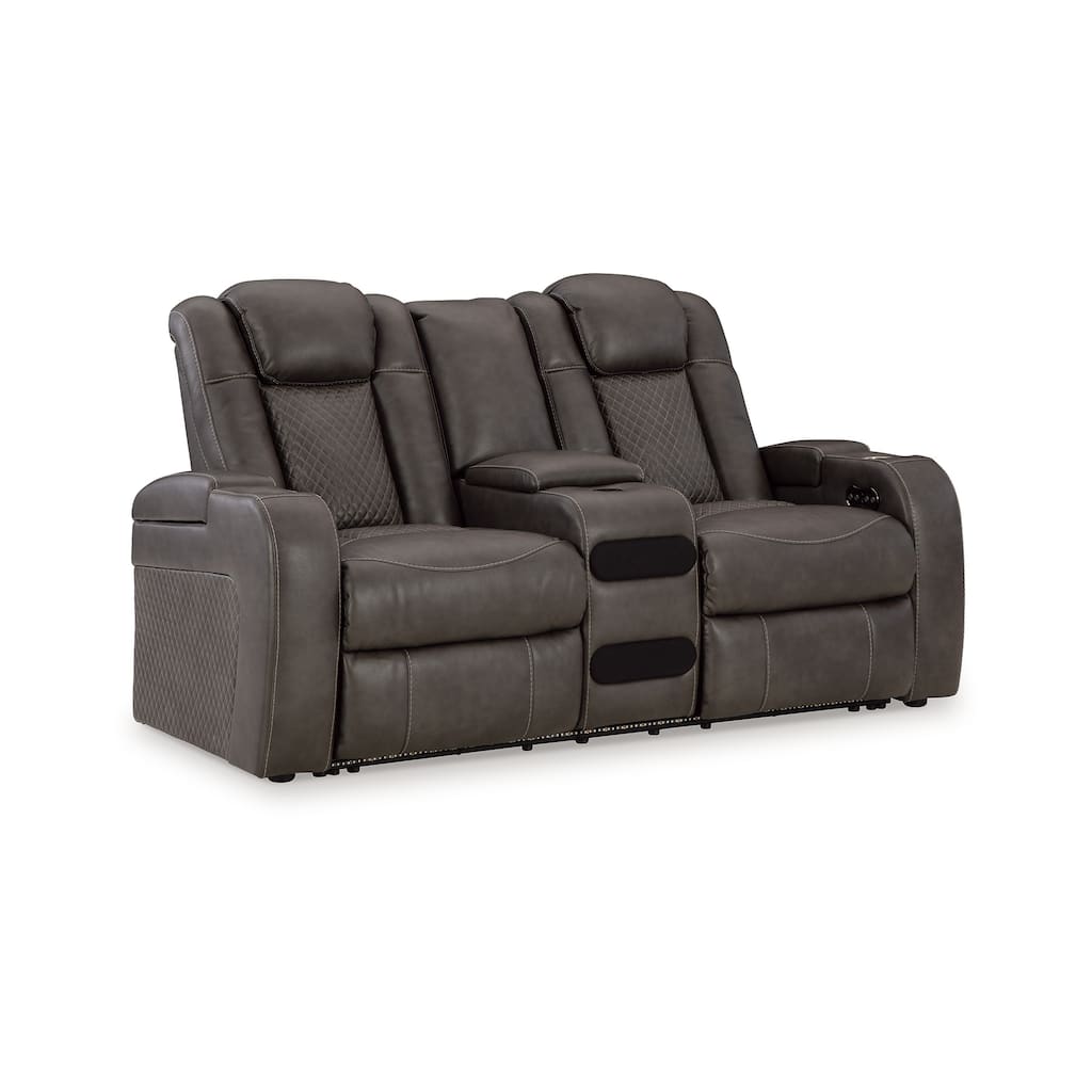 Fynne LED Power Reclining Loveseat, USB, Gray Faux Leather 74 Inch