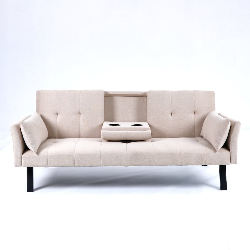 Cotton Linen Fabric Loveseat Sofa Sleeper Sofa Bed for Small Space with Center Table, Cup Holders, Pillows and Side Pockets