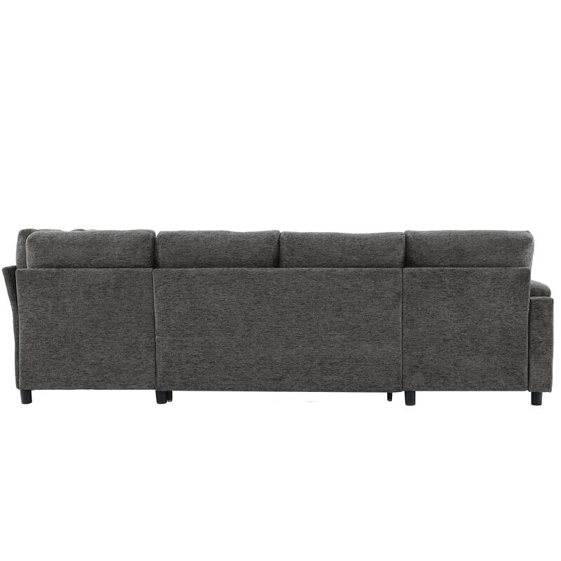 U-Shaped Chenille Sectional Sofa with Storage Chaise Lounge, Convertible Sleeper Sofa Bed with Cup Holders & Charging Ports