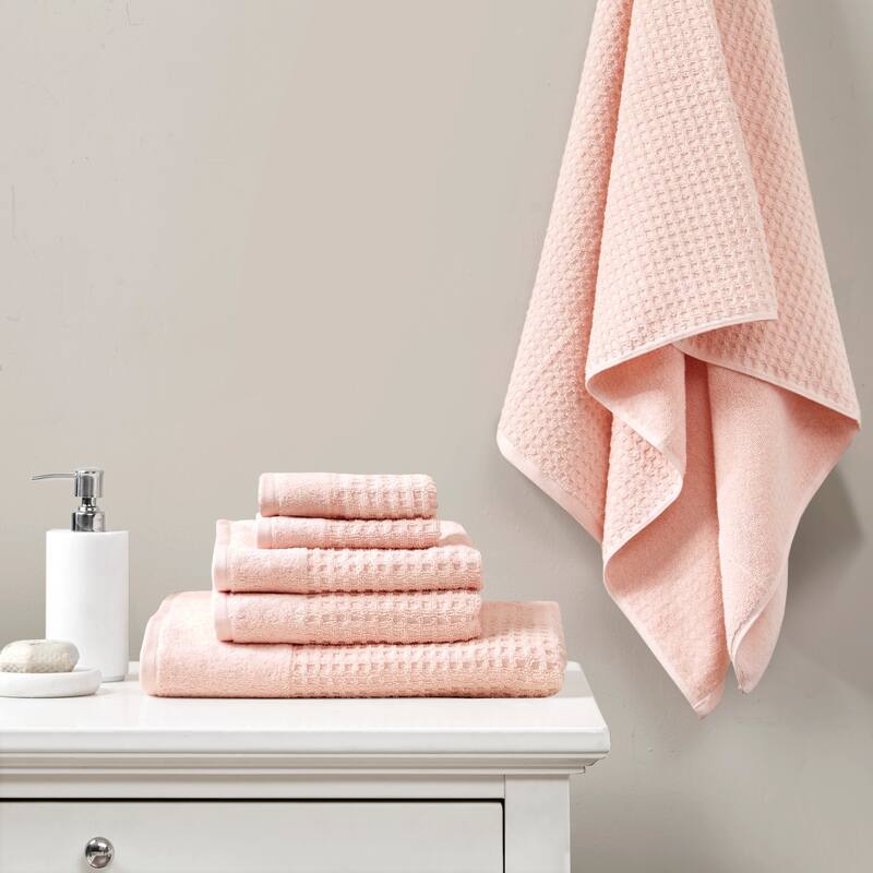 Madison Park Spa Waffle Cotton Waffle Jacquard Antimicrobial Bath Towel 6 Piece Set - Pink