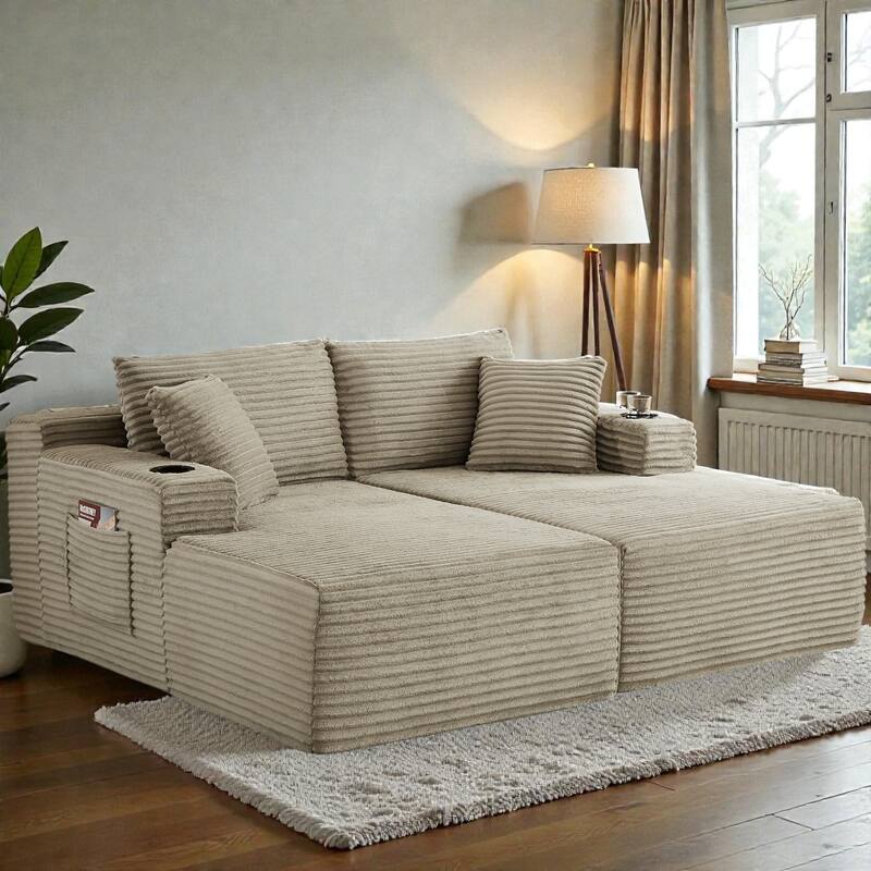 Compressible U-Shaped Modular Sectional Sofa, Corduroy Cloud Couch, 6-Seat Minimalist Living Room Sofa