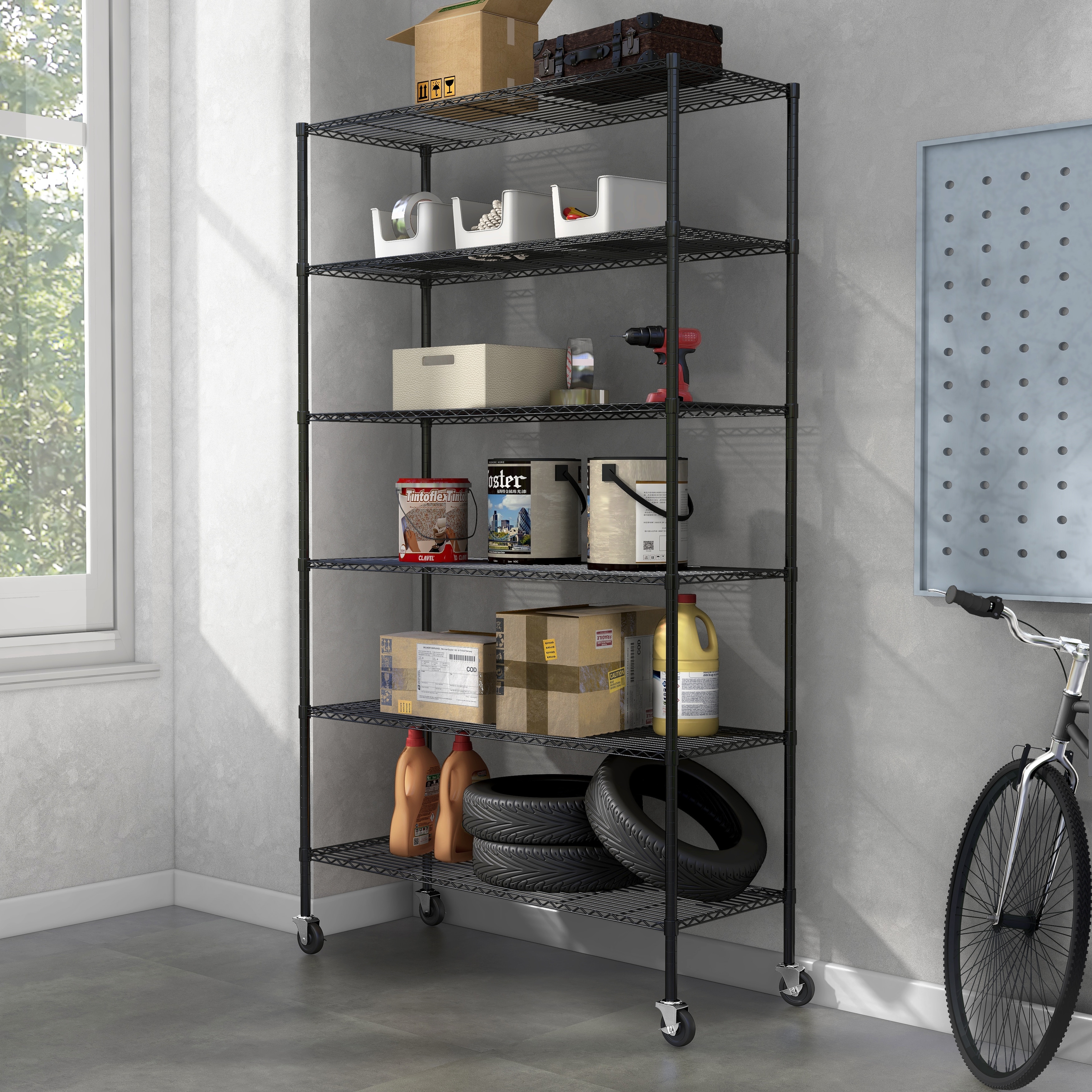 Furniture of America 6-Tier Heavy Duty Wire Shelving Rack, 48 x 18 x 82 NSF Certified, Includes Wheels, Black