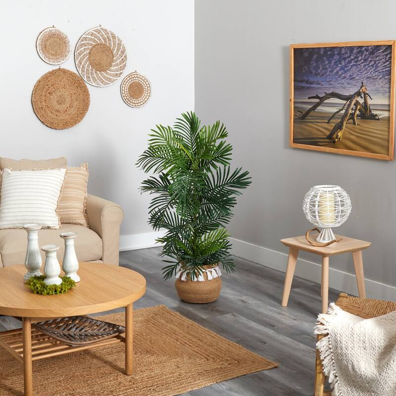 Artificial Palm Tree 4ft Indoor Outdoor - Boho Planter Included - Chic Decor - Faux Tree for Home Patio - Green