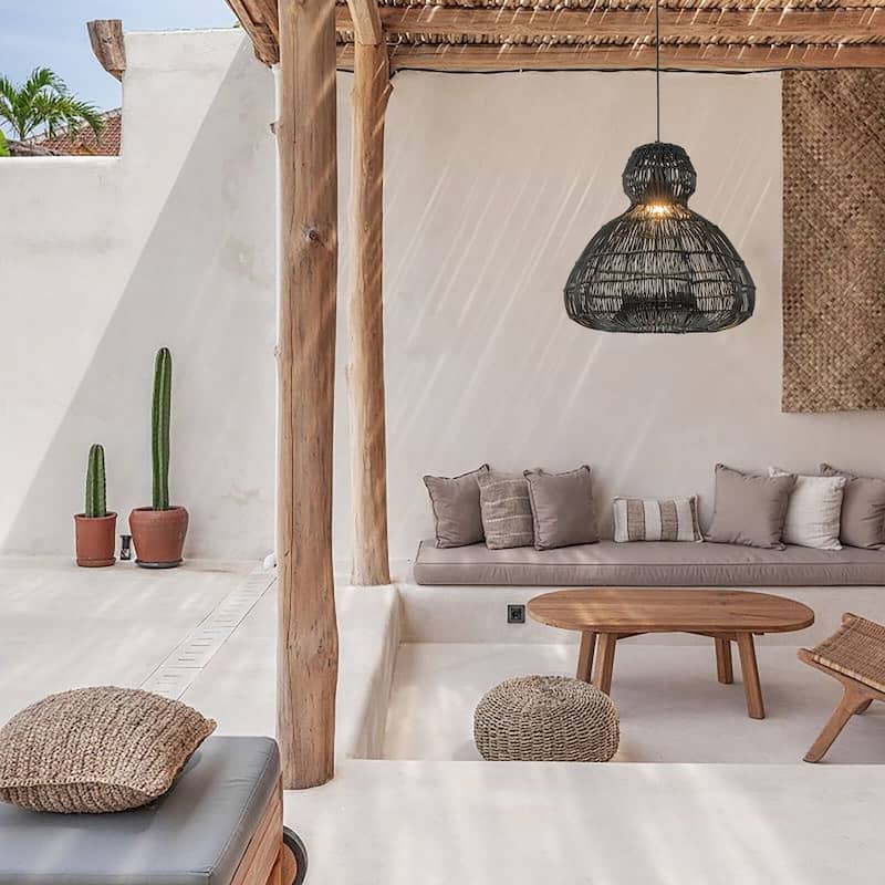 Ciel 1-Light Wicker Outdoor Pendant Light, Coastal Boho Style Scalloped- Handwoven