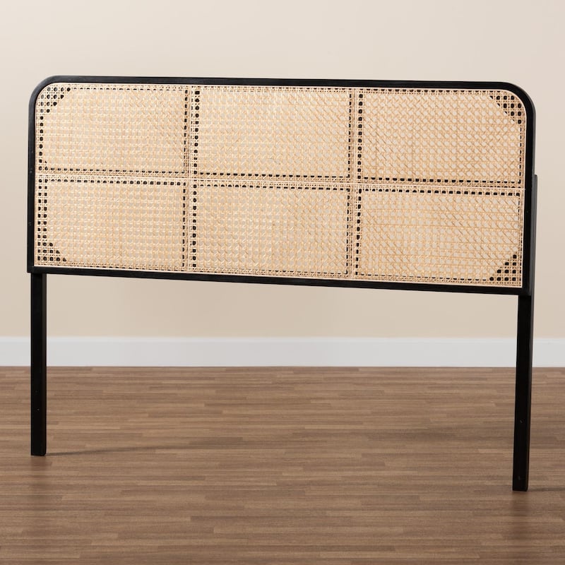 Modern Bohemian Black Finished Bayur Wood and Natural Rattan Queen Size Headboard with Textured Design