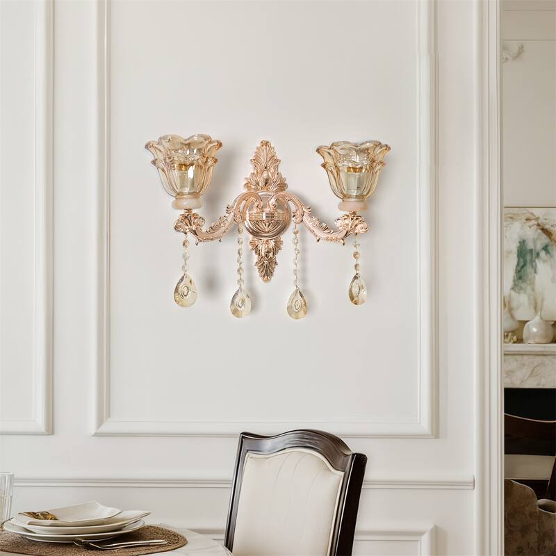 Antique Gold Crystal Wall Sconce Glass Flower Lampshade with Beveled Clear Crystals