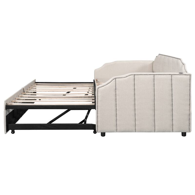 Twin Size Upholstered Daybed with Pop-Up Trundle & USB Charging Ports