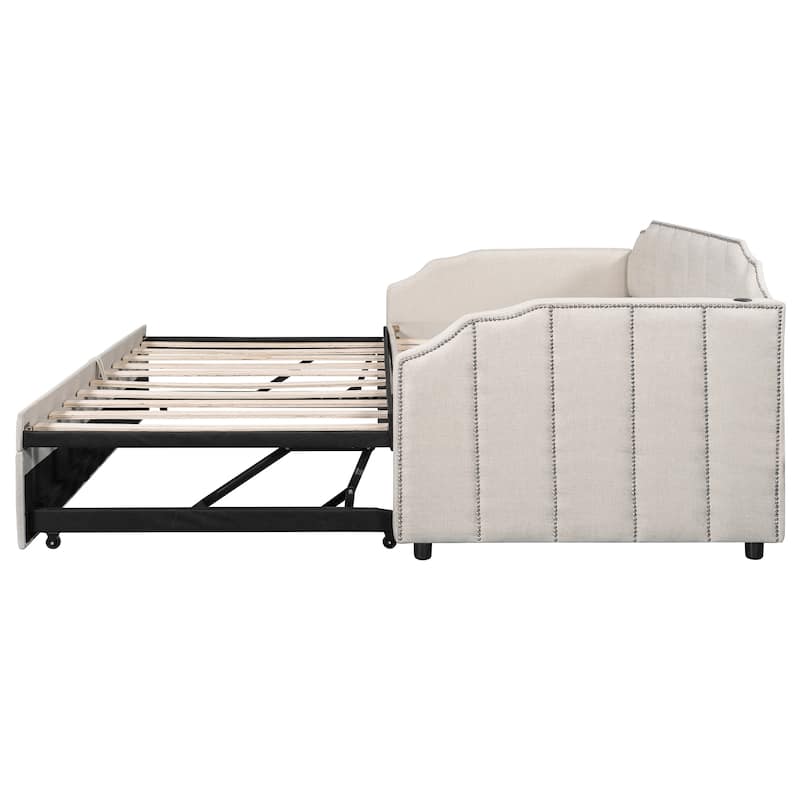 Twin Upholstered Daybed with Pop-Up Trundle, USB Charging Ports, Convertible Sofa Bed