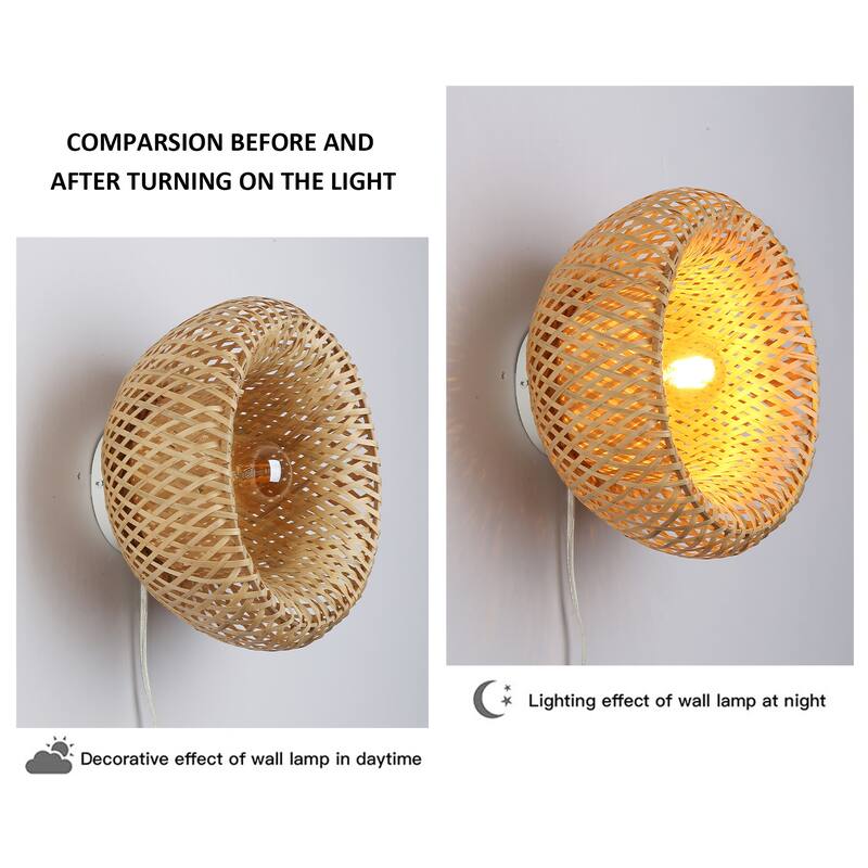 Farmhouse Wicker Wall Lamp Fixture Plug in Cord Bamboo Handmade Mounted Sconces for Living Room, Bedroom - Yellow