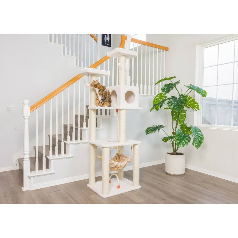 Classic Real Wood Cat Tree In Ivory, Four Levels With Rope Swing - Ivory
