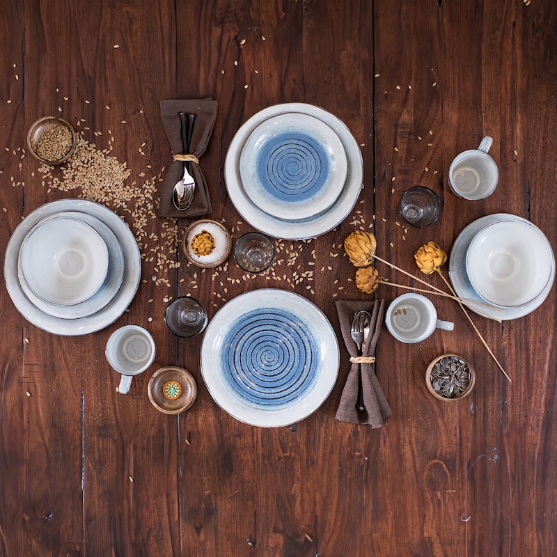 Sango Talia 16-Piece Stoneware Dinnerware Set with Round Plates, Bowls, and Mugs, Dusk Blue