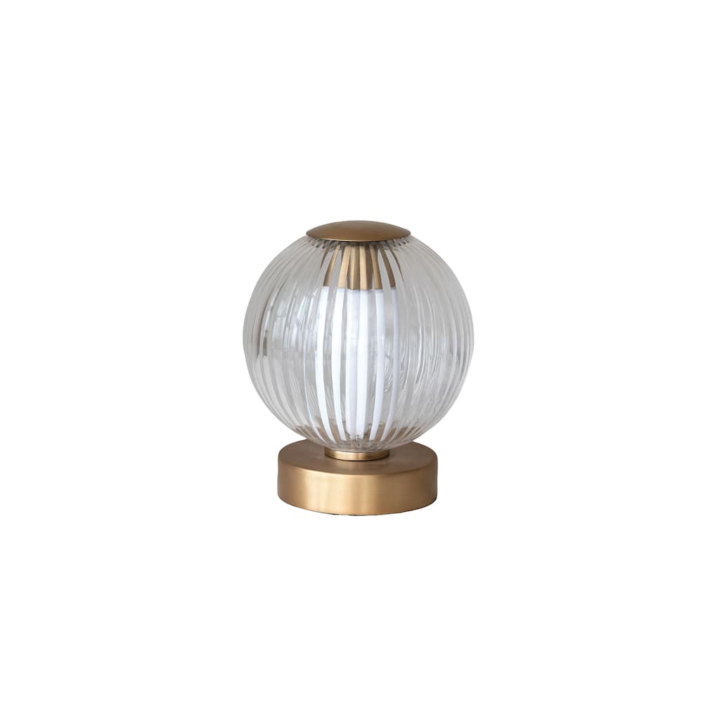 Glass and Metal Pleated LED Table Lamp with Touch Sensor, Antique Brass - 5.0"L x 5.0"W x 6.0"H
