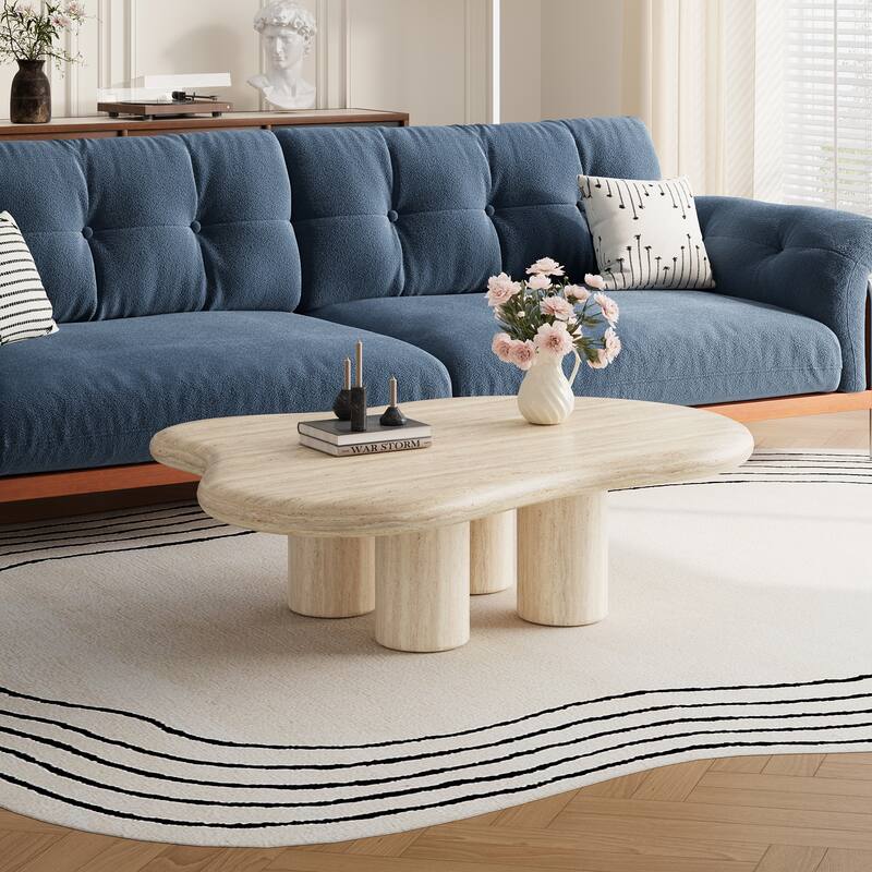 47" Modern Cloud Shaped Coffee Table, Premium Wood with travertine texture,Beige
