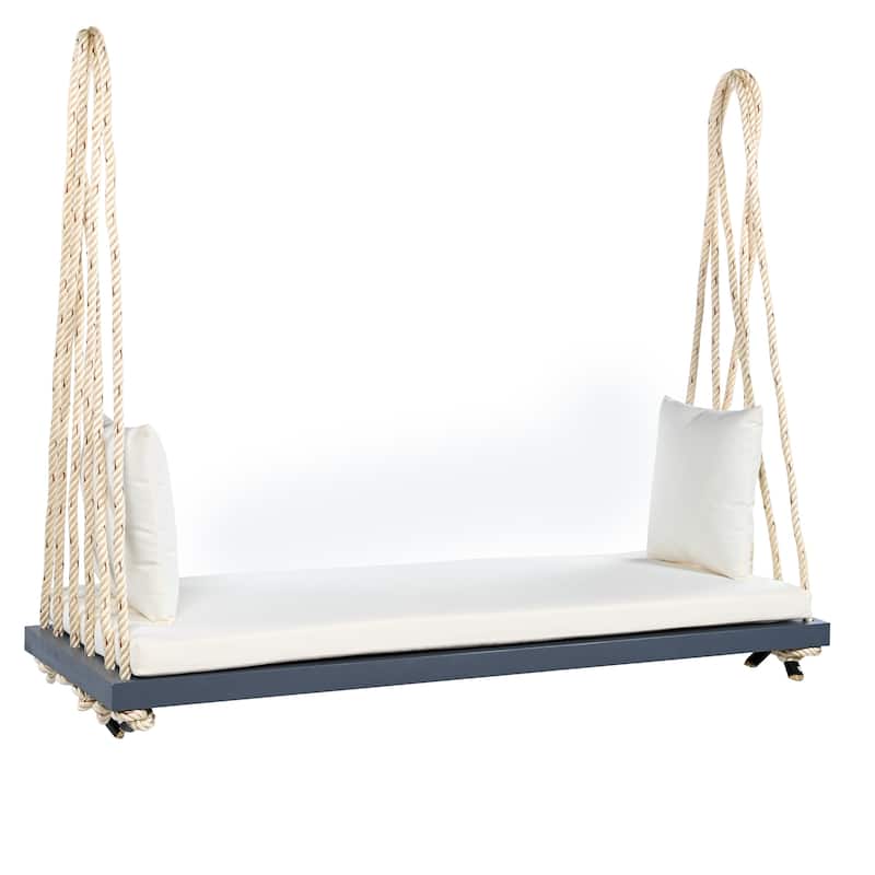 Outdoor Patio Wooden Swing Chair, Hanging Porch Swing Bench w/ Cushion & Pillows for Garden, Backyard, Lawn