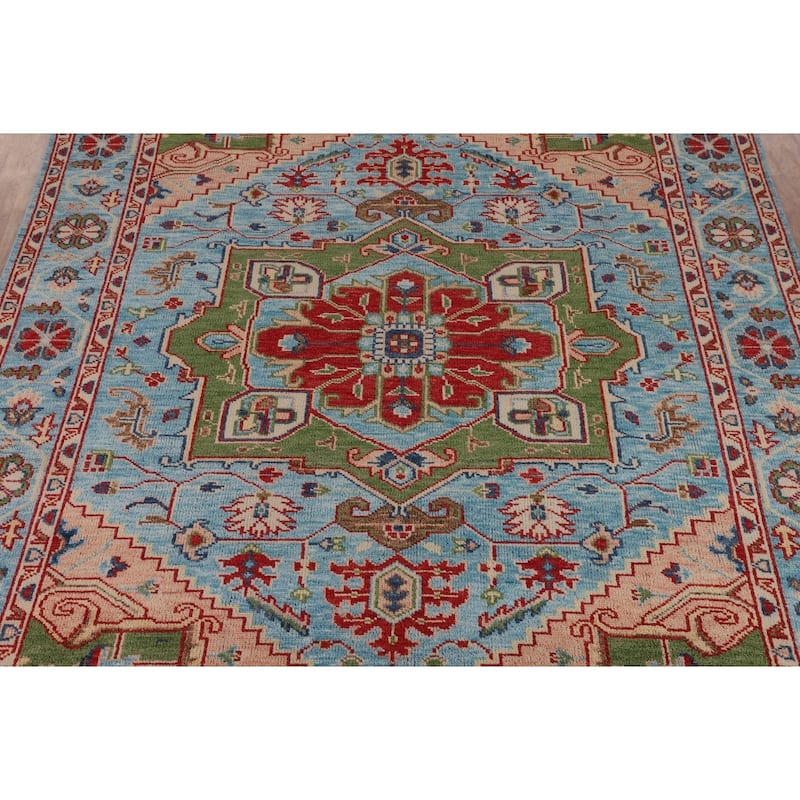 Blue Geometric Heriz Serapi Area Rug Hand-Knotted Wool Carpet - 8'10"x 11'10"