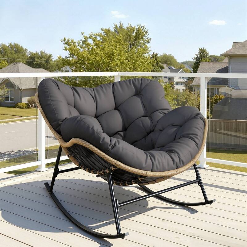 FINCATI Indoor Outdoor Royal Papasan Rocking Chair, 450 lbs Capacity Outdoor Papasan Rocking Chair with Padded Cushion - 1 PC-Grey