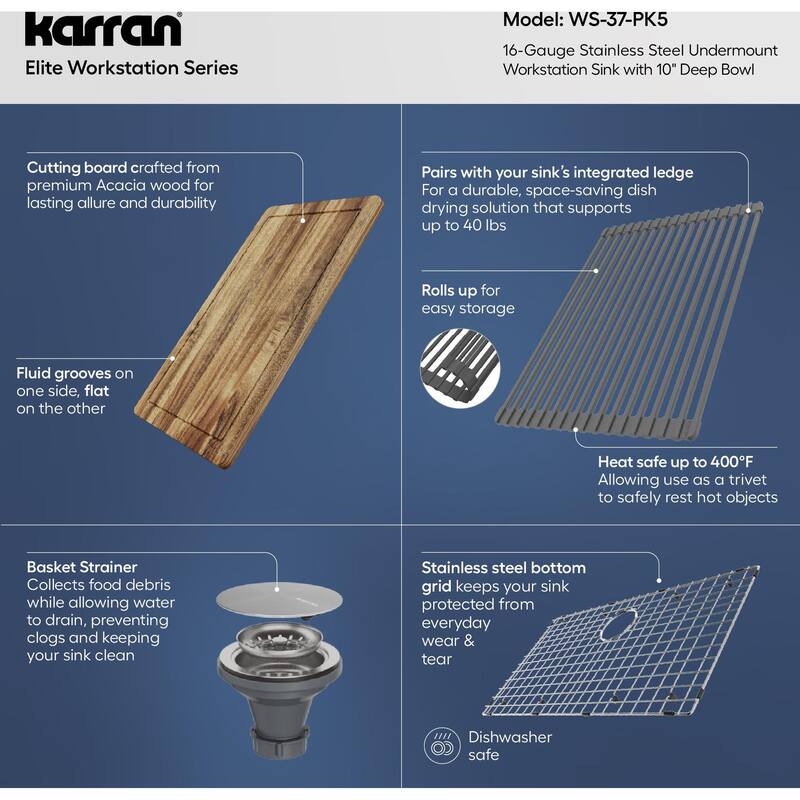 Karran USA WS-37-PK5 Elite Workstation 32" Rear-Drain Undermount