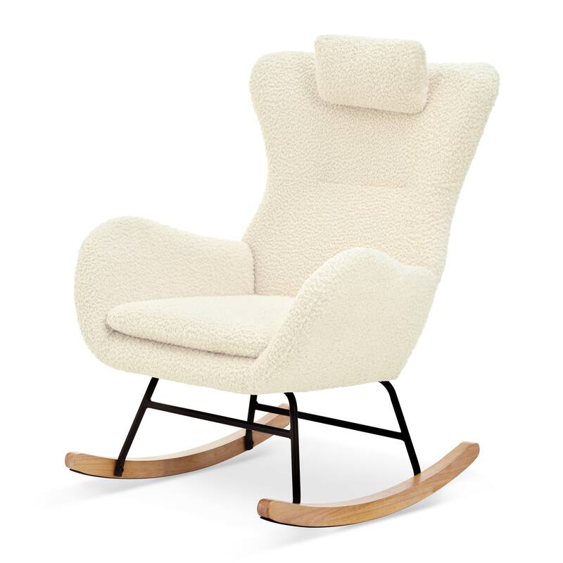 Teddy Upholstered Rocking Chair with High Back, Adjustable Headrest, Side Pocket, Modern Glider Chair for Nursery & Living Room