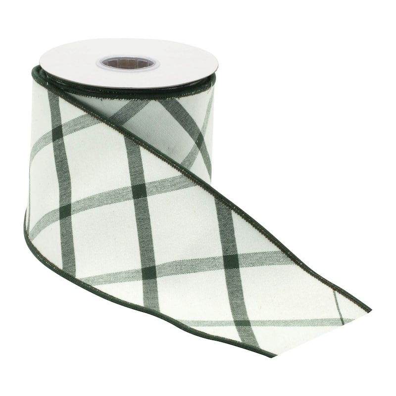Green White Plaid Wired Ribbon 4 Inch x 5 Yards for Holiday Decor - 180" x 4" x 0.25"