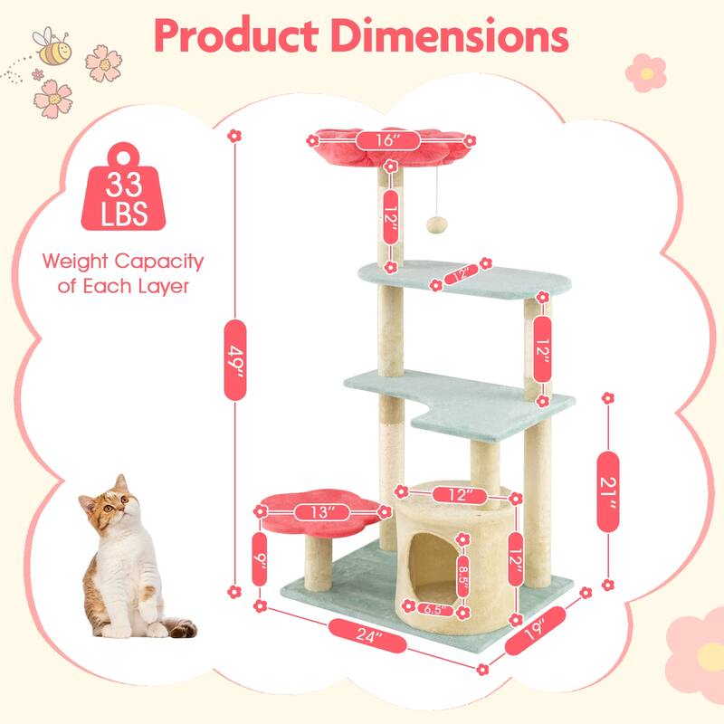 Plush Sisal Multi-Layer Cat Tree with Flower Perch and Condo - 24" L x 19" W x 49" H